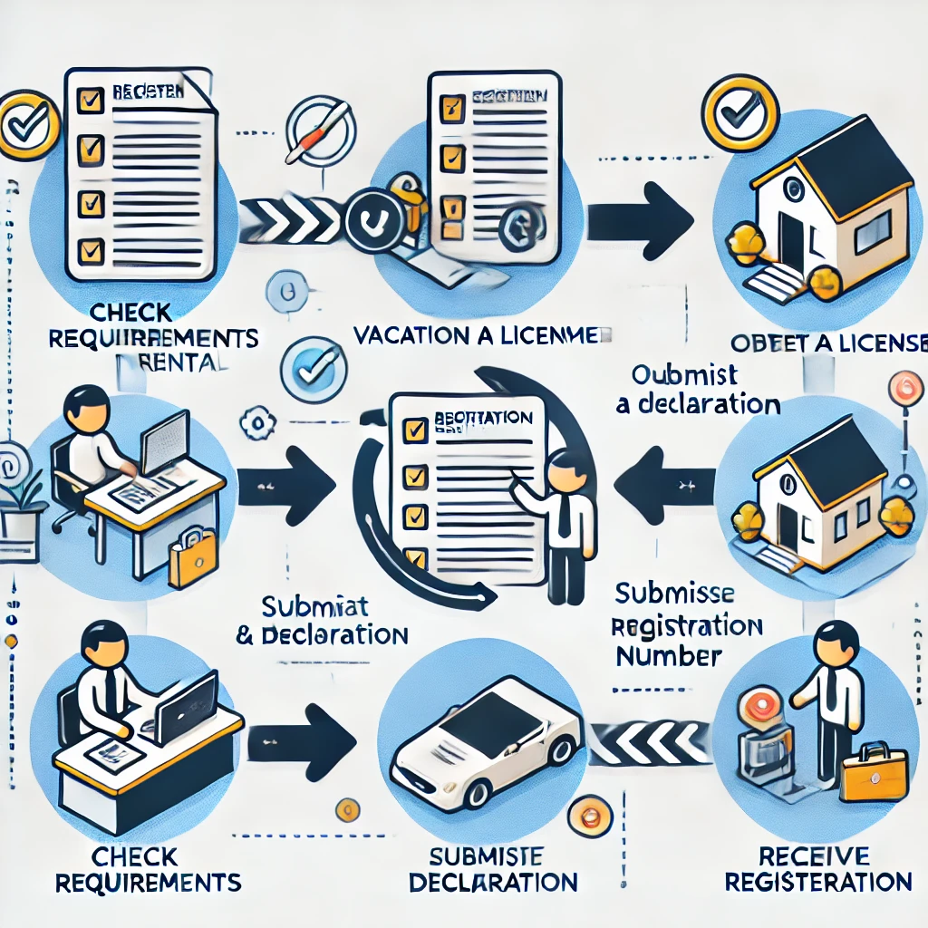 Registro Único de Alquiler Turístico 1 Infografía con los pasos para inscribirse en el Registro Único de Alquiler Turístico en Málaga, incluyendo requisitos, licencia y declaración responsable.
